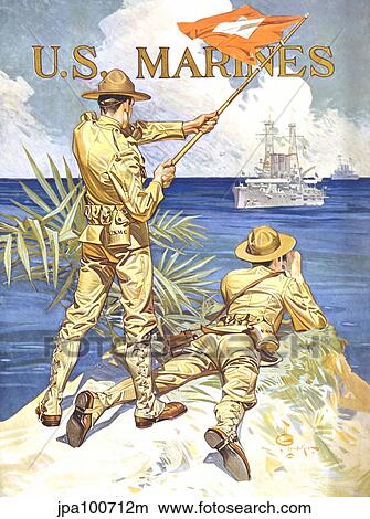 Stock Illustration - Vintage World War One poster of two Marines signaling a ship with a flag.. Fotosearch