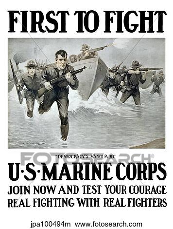 Stock Illustration - Vintage World War One poster of U. S. Marines storming a beach, rifles in hand.. Fotosearch