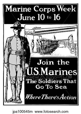 Stock Illustration - Vintage World War One poster showing a Marine standing at attention.. Fotosearch