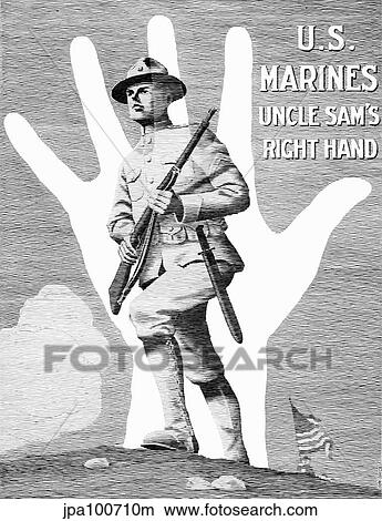 Vintage World War One poster showing a Marine soldier charging a hill. View Large Illustration Stock Illustration - Vintage World War One poster showing a Marine soldier charging a hill.. Fotosearch