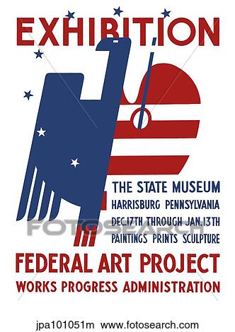 Vintage WPA poster features a red, white, and blue eagle. View Large Illustration Stock Illustration - Vintage WPA poster features a red, white, and blue eagle.. Fotosearch