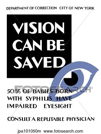 Stock Illustration - Vintage WPA poster featuring a giant eye for vision.. Fotosearch