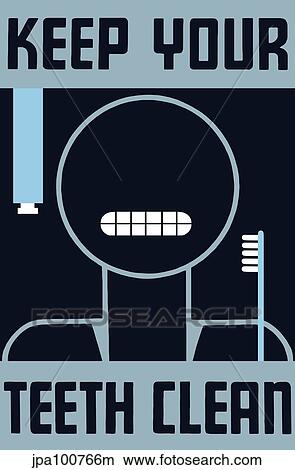 Stock Illustration - Vintage WPA poster of a cartoon showing it's shiny white teeth.. Fotosearch