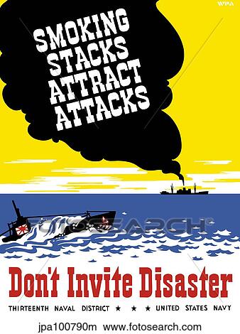 Stock Illustration - Vintage WPA poster of a ship with smoke pouring from it's stack.. Fotosearch