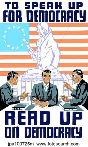 Vintage WPA poster of three man talking and reading at a table. View Large Illustration Stock Illustration - Vintage WPA poster of three man talking and reading at a table.. Fotosearch