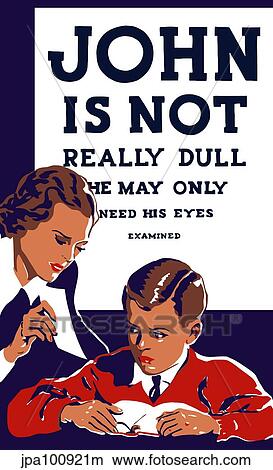 Stock Illustration - Vintage WPA propaganda poster featuring a teacher and young boy reading.. Fotosearch
