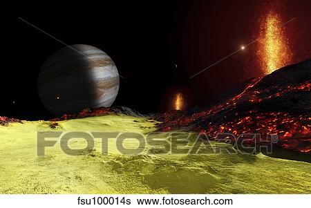 Volcanic activity on Jupiter's moon Io, with the planet Jupiter visible on the horizon. View Large Illustration Stock Illustration - Volcanic activity on Jupiter's moon Io, with the planet Jupiter visible on the horizon.. Fotosearch