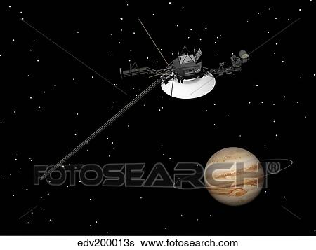 Stock Illustration - Voyager spacecraft near Jupiter and its unrecognized ring.. Fotosearch