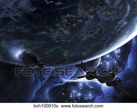 Stock Illustration - Vulture ships hunt down and dismantle derelict spacecraft.. Fotosearch