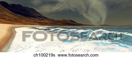 White surf comes into shore from a waterspout. View Large Illustration Stock Illustration - White surf comes into shore from a waterspout. . Fotosearch