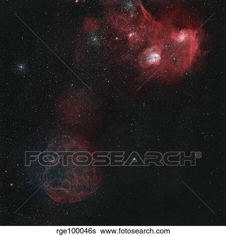 Stock Photograph - Widefield view of of Simeis 147, the Flaming Star Nebula, and the Tadpole Nebula.. Fotosearch