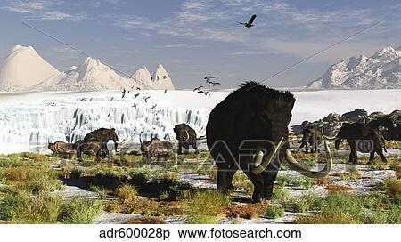 Stock Illustration - Woolly mammoths and woolly rhinos in a prehistoric landscape.. Fotosearch