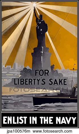 Stock Illustration - World War I poster featuring a ship with a spotlight sailing past the Statue of Liberty.. Fotosearch