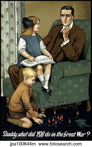 Stock Illustration - World War I poster of a little girl sitting on her father's lap and a boy playing with toys.. Fotosearch