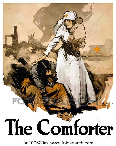 Stock Illustration - World War I poster of a Red Cross nurse comforting a family amid the ruins of a war zone.. Fotosearch