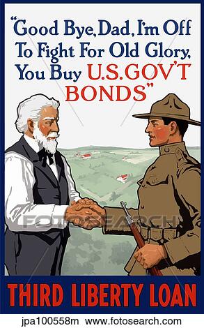 Stock Illustration - World War I poster of a young soldier holding a rifle while shaking his father's hand.. Fotosearch