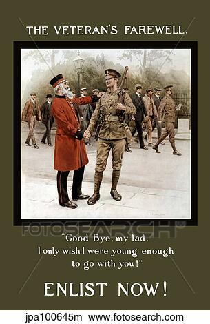 Stock Illustration - World War I poster of an old gray haired veteran bidding farewell to a young soldier.. Fotosearch