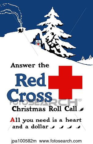 Stock Illustration - World War I poster showing a snow covered cabin with a Red Cross sign in window.. Fotosearch