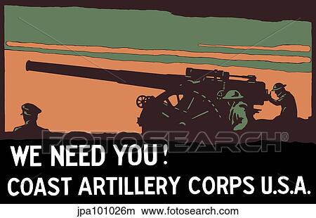 Stock Illustration - World War I propaganda poster of soldiers operating an artillery cannon.. Fotosearch