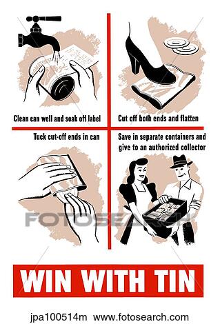 World War II poster giving directions on how to prepare tin cans for a collector. View Large Illustration Stock Illustration - World War II poster giving directions on how to prepare tin cans for a collector.. Fotosearch