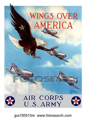 Stock Illustration - World War II poster of a bald eagle flying in the sky with fighter planes. Fotosearch