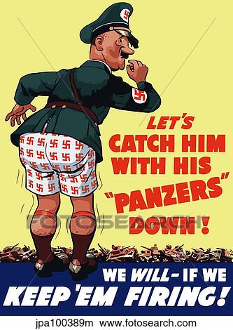 Stock Illustration - World War II poster of a cartoon Adolf Hitler with his pants down.. Fotosearch