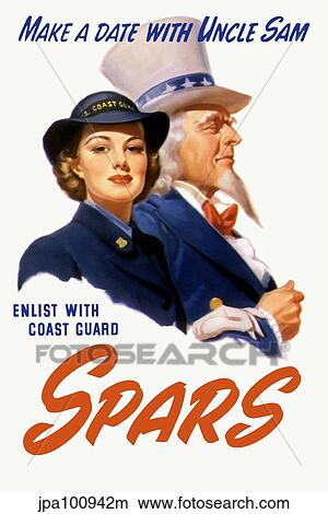 Stock Illustration - World War II poster of a female Coast Guard Cadet and Uncle Sam.. Fotosearch