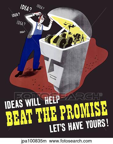 Stock Illustration - World War II poster of a man inspecting the inner workings of a statue's brain.. Fotosearch