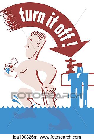 Stock Illustration - World War II poster of a man leaving the bathroom as the sink overflows with water.. Fotosearch