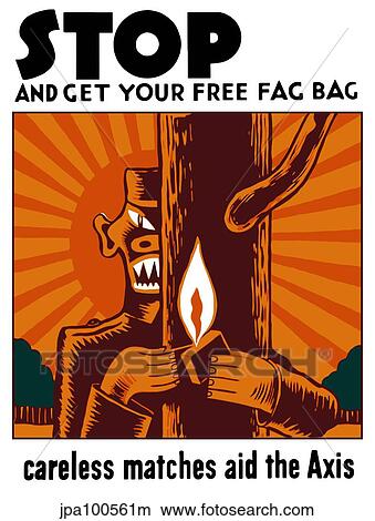 Stock Illustration - World War II poster of a menacing Japanese soldier behind a tree with a lit match.. Fotosearch
