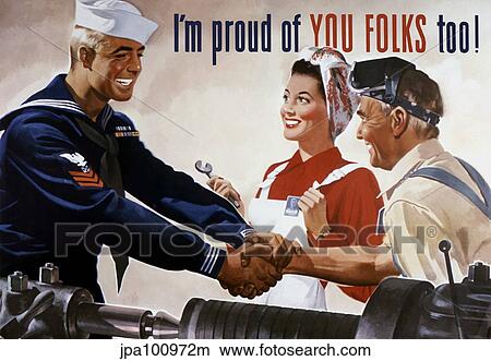 Stock Illustration - World War II poster of a sailor shaking hands with factory workers.. Fotosearch