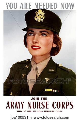 Stock Illustration - World War II poster of a smiling female officer of the U. S. Army Medical Corps.. Fotosearch