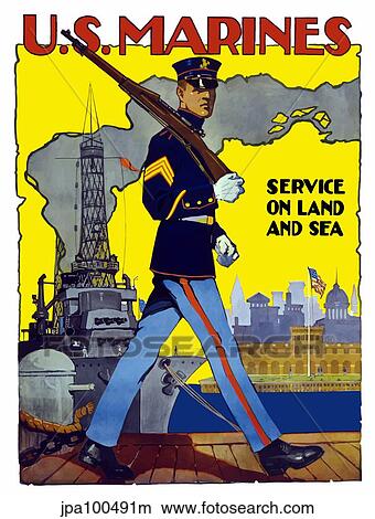 World War II poster of a U. S. Marine marching along a dock. View Large Illustration Stock Illustration - World War II poster of a U. S. Marine marching along a dock.. Fotosearch