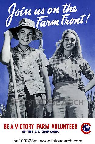 Stock Illustration - World War II poster of a young boy and girl working on a farm.. Fotosearch