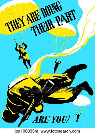 Stock Illustration - World War II poster of airborne troops parachuting into battle.. Fotosearch