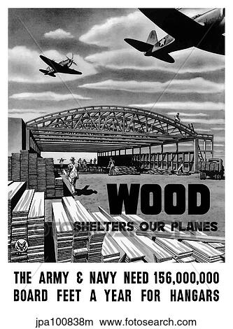 Stock Illustration - World War II poster of an aircraft hangar being built as planes fly overhead.. Fotosearch