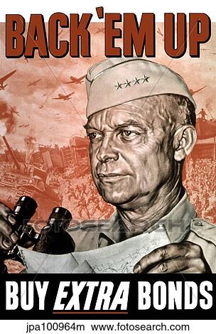 Stock Illustration - World War II poster of General Dwight Eisenhower holding a map and binoculars.. Fotosearch