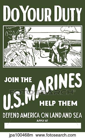 Stock Illustration - World War II poster of Marines loading a cannon aboard a battleship.. Fotosearch