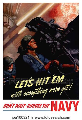 Stock Illustration - World War II poster of sailors firing anti-aircraft guns.. Fotosearch