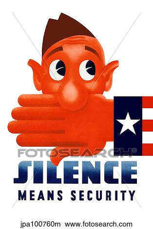 Stock Illustration - World War II poster of Uncle Sam's hand covering the mouth of a cartoon soldier.. Fotosearch