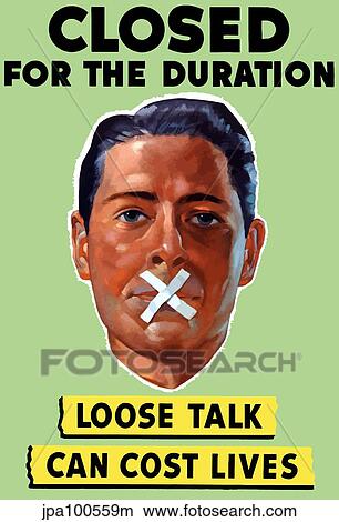 Stock Illustration - World War II poster showing the head of a man with his mouth taped shut.. Fotosearch