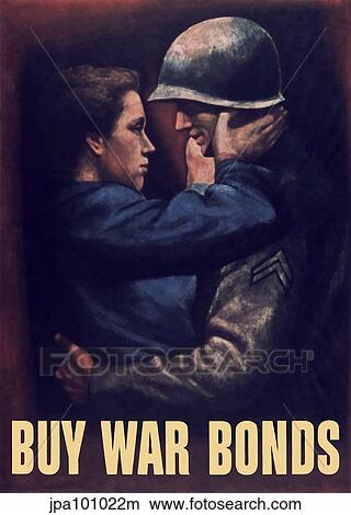Stock Illustration - World War II propaganda poster of a soldier embracing a woman.. Fotosearch