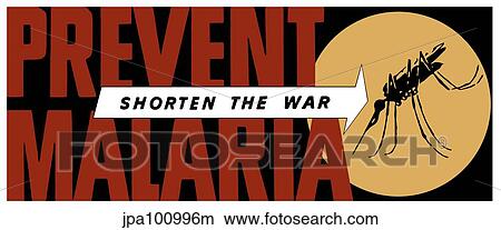 Stock Illustration - World War II propaganda poster of an arrow pointing at a large mosquito.. Fotosearch