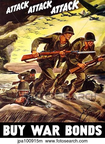 Stock Illustration - World War II propaganda poster of soldiers assaulting a beach with rifles.. Fotosearch