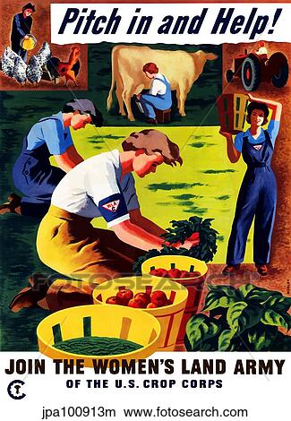 Stock Illustration - World War II propaganda poster of women doing chores on a farm.. Fotosearch