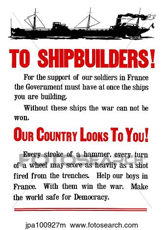 Stock Illustration - World War II propaganda poster featuring a ship steaming along.. Fotosearch
