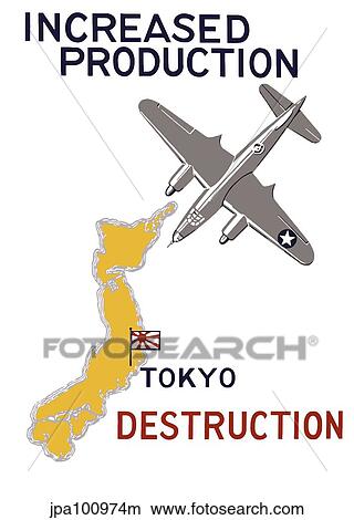 Stock Illustration - World War II propaganda poster featuring a bomber flying over Japan.. Fotosearch