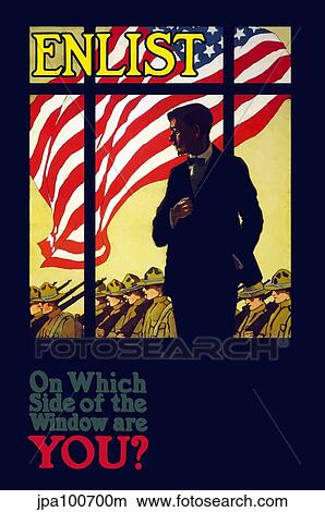 Stock Illustration - World War One poster of a man looking through a window as troops march past.. Fotosearch