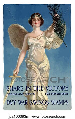 Stock Illustration - World War One poster of Lady Liberty holding a sword and an olive branch.. Fotosearch