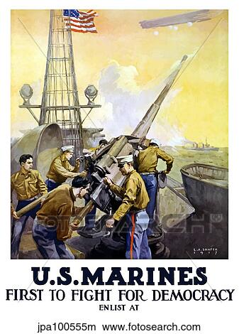 Stock Illustration - World War One poster of Marines firing artillery rounds, on board a ship at sea.. Fotosearch